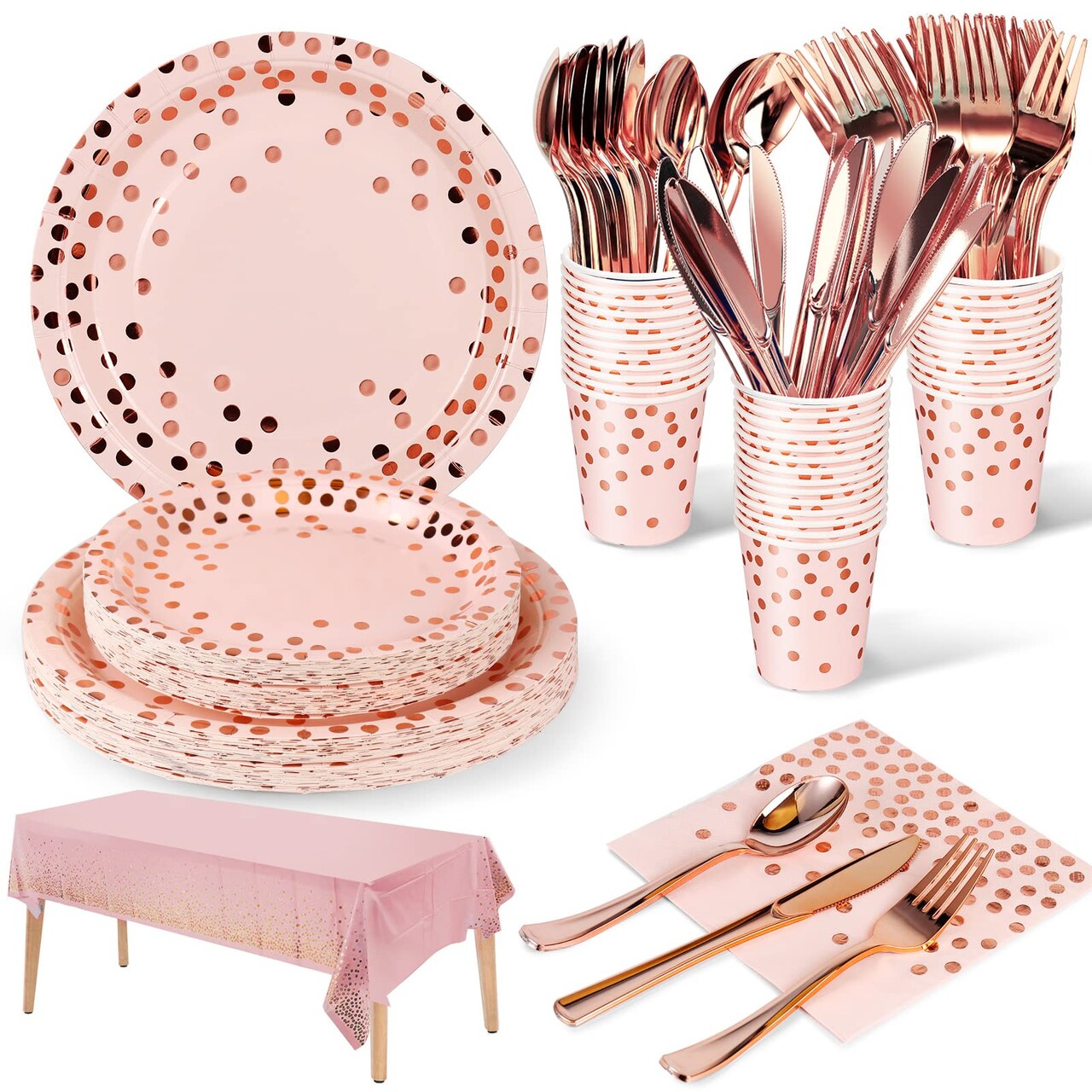Nkaiso 141 Pieces Pink and Rose Gold Party Supplies, Disposable Party Decorations Sets Include Paper Plates Napkins Cups, Plastic Forks Knives Spoons, for Baby Shower Birthday Wedding -20 Guests